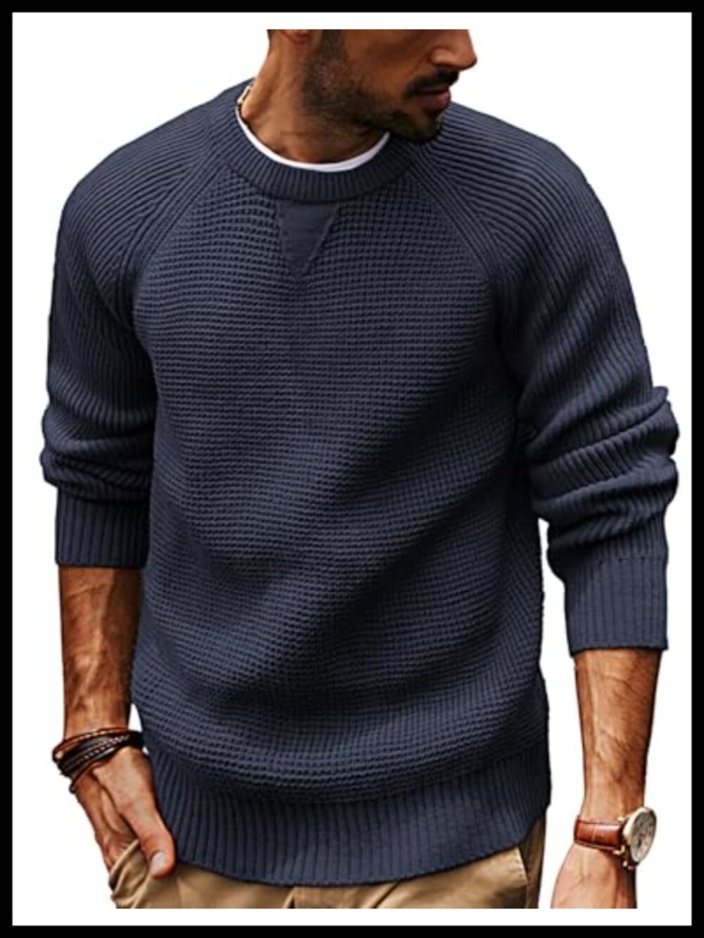 Men's Waffle Knit Crewneck Pullover Sweater - Acrylic Blend Casual